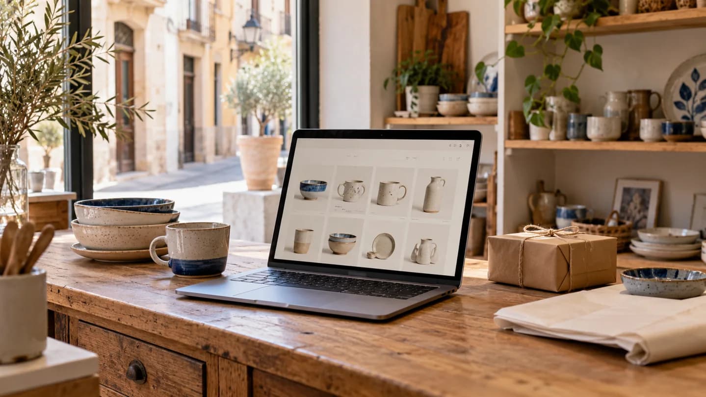 Ilustración generada con IA: tienda de cerámica con un portátil que muestra una tienda online.
